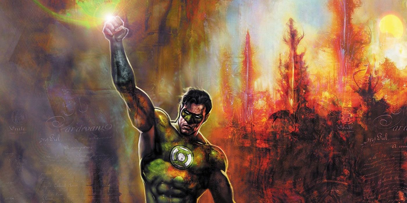 An image of Green Lantern flying with a background of flames behind him in DC Comics