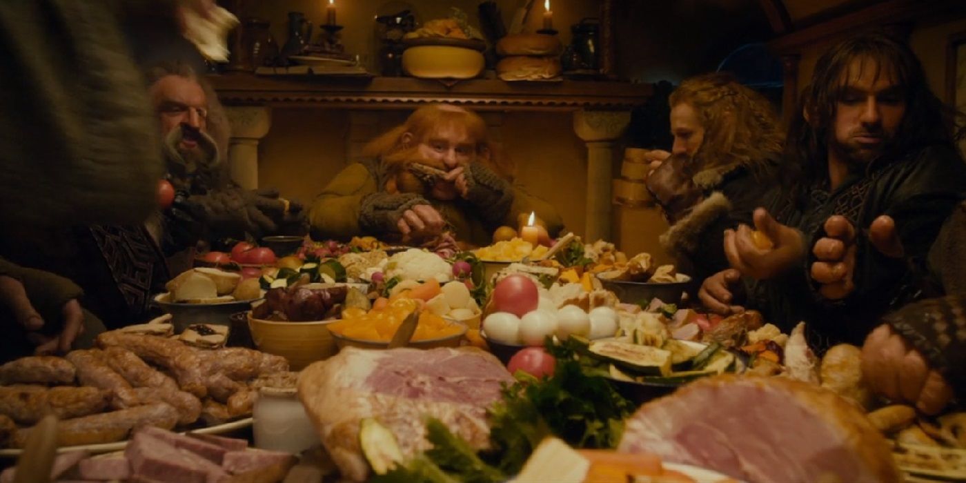 The Dwarves dine at Bilbo's home in The Hobbit