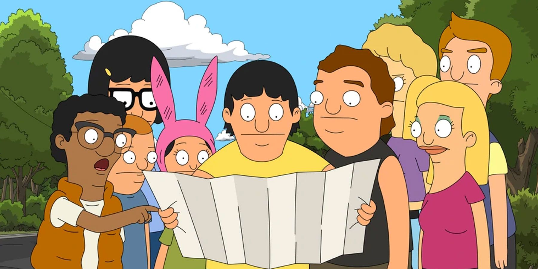 All of the kids in Bob's Burgers looking at a map held by Gene