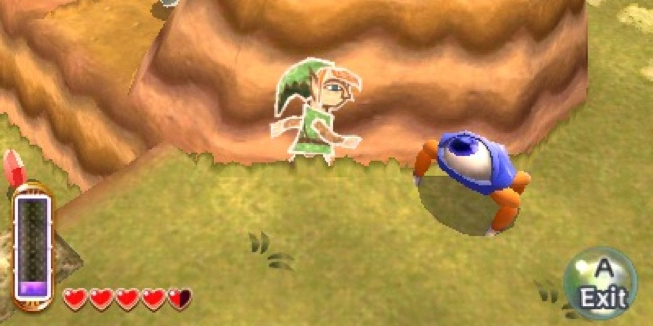 Link traversing along a wall while an enemy watches in The Legend of Zelda A Link Between Worlds