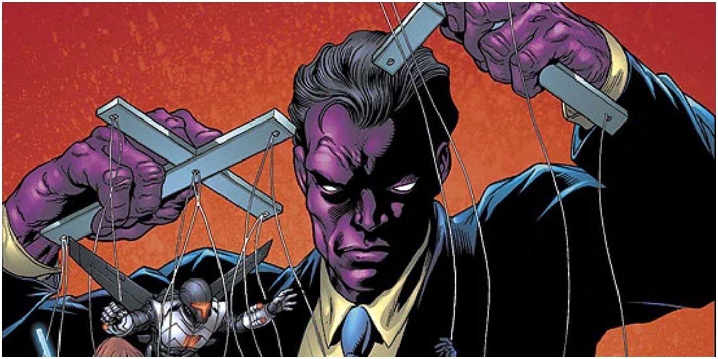 The Purple Man pulling strings of superhero puppets in Marvel Comics