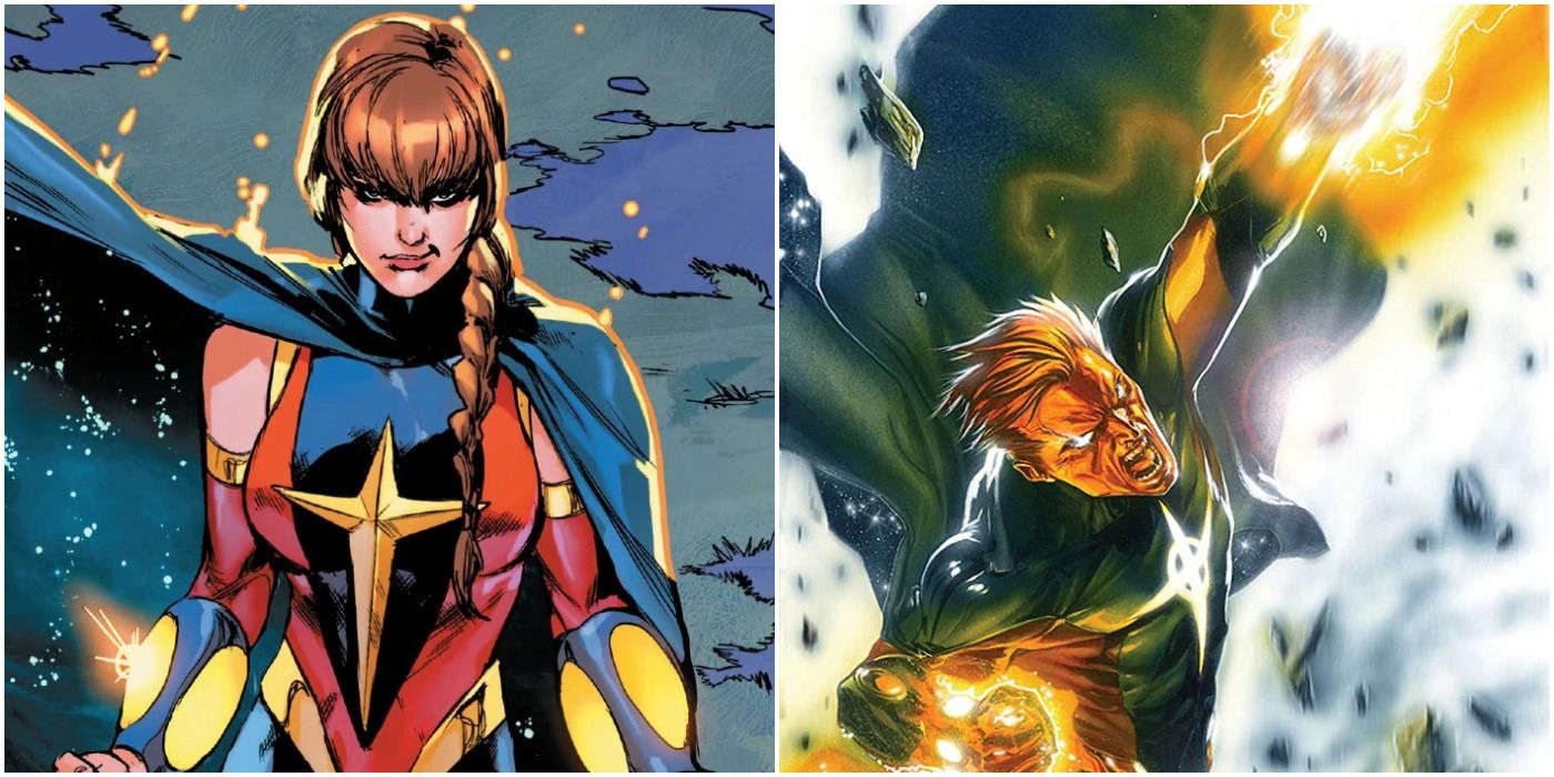 split image of Avril Kincaid and Wendell Vaughn as Quasar in Marvel Comics