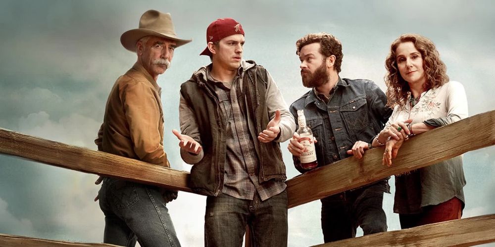The main cast of The Ranch Netflix series, including Sam Elliot and Ashton Kutcher