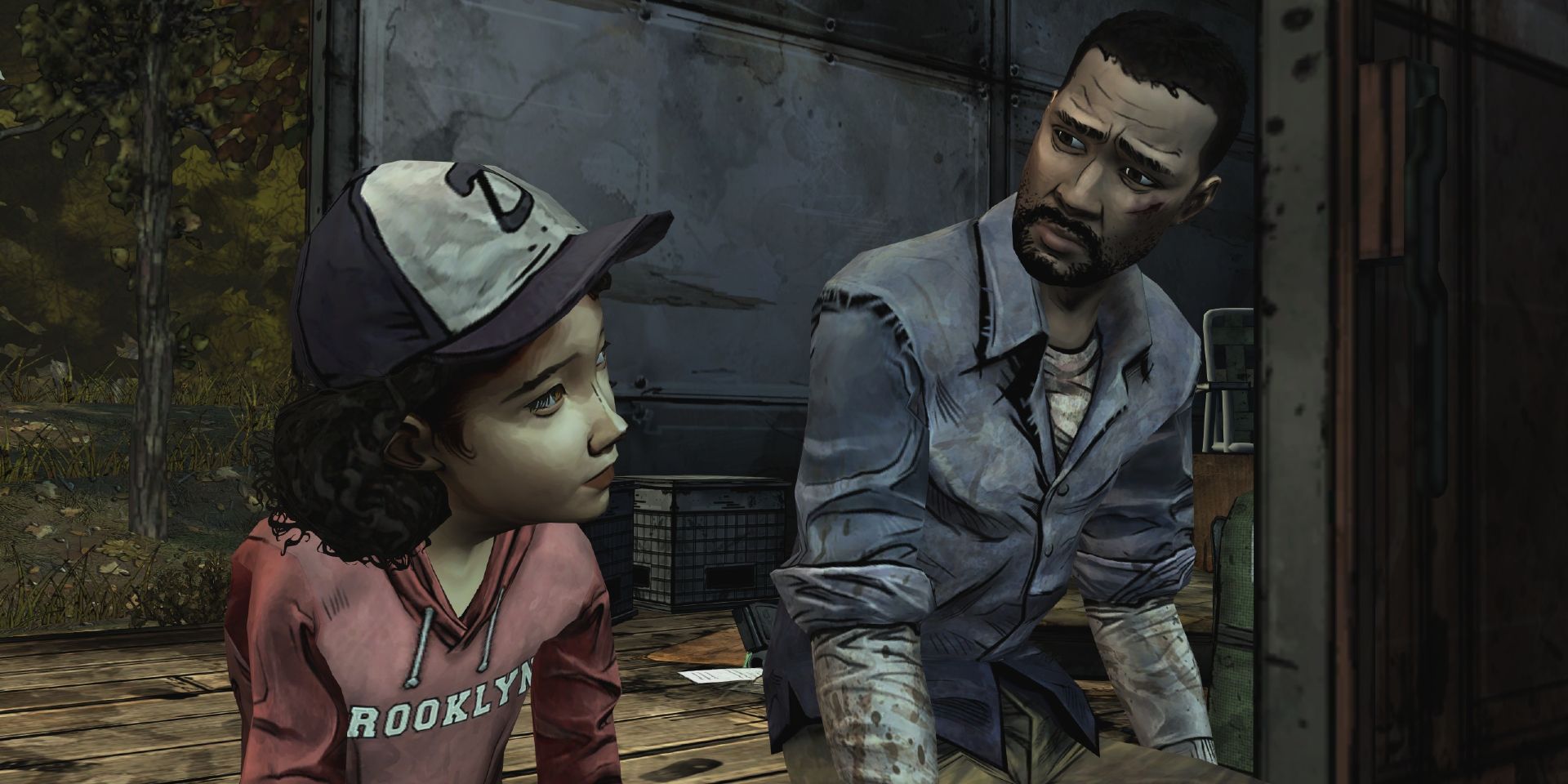 Clementine and Lee having a difficult conversation on a train in The Walking Dead.