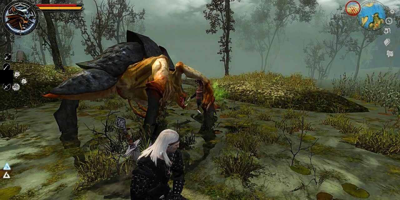Screenshot depicting Geralt fighting an overworld enemy, as seen in The Witcher.