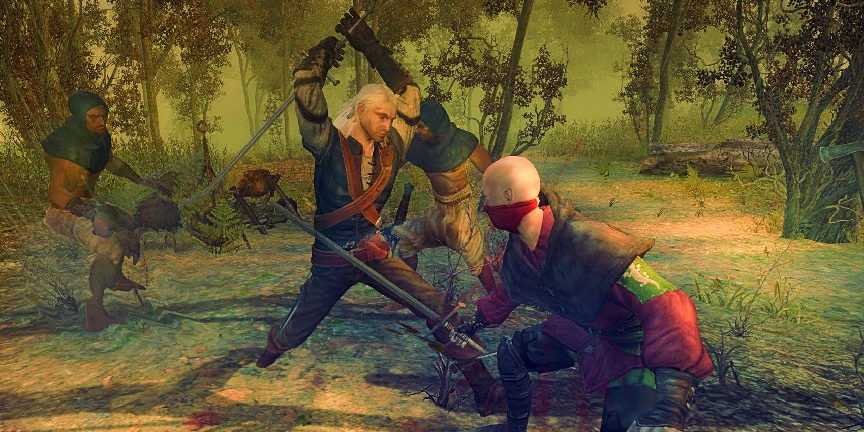 Screenshot depicting a combat sequence in The Witcher, featuring Geralt and a human adversary.