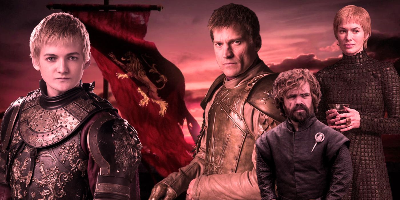 Joffrey, Jaime, Tyrion and Cersei in front of the Lannister banner from Game of Thrones