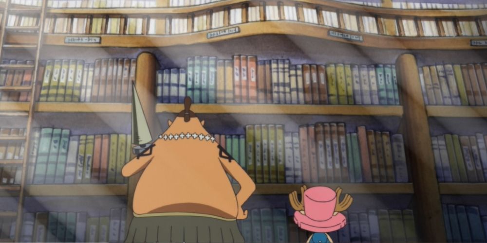 The chief of Torino Kingdom shows Chopper their massive library in One Piece.