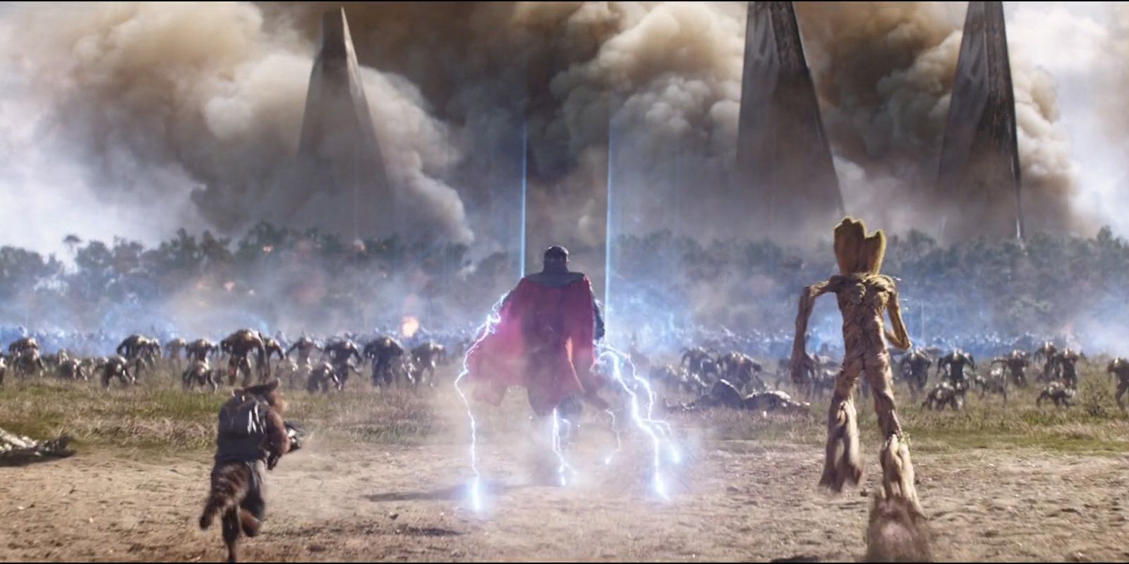 Thor Groot and Rocket Attack Outriders in Infinity War