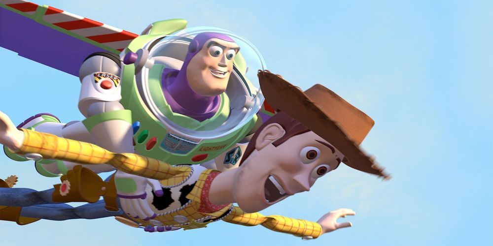 An image of Buzz Lightyear and Woody flying in Pixar's Toy Story. 