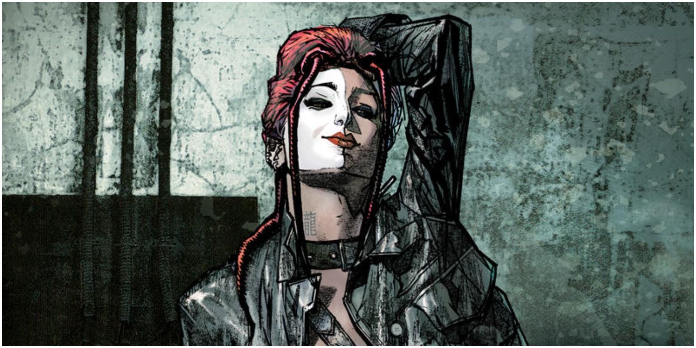 Typhoid Mary in a leather jacket and face paint