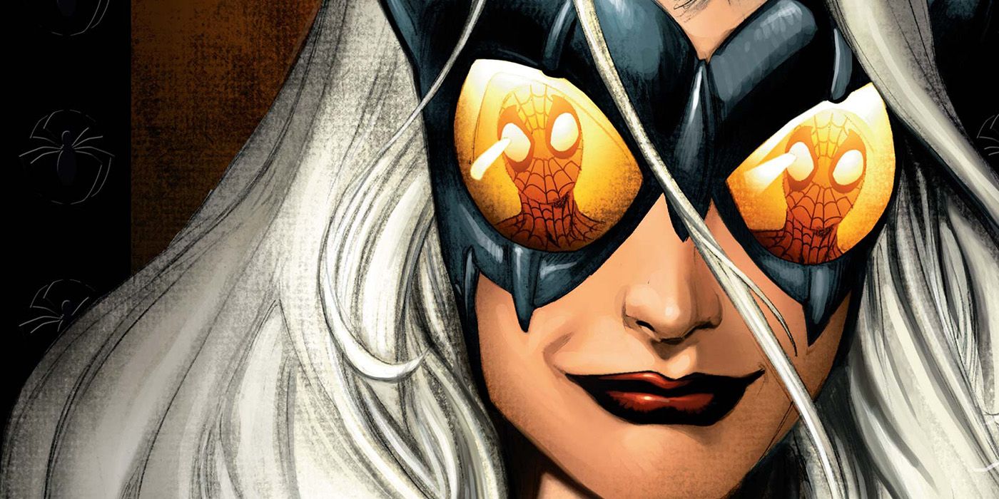 Spider-Man reflected in Black Cat's goggles
