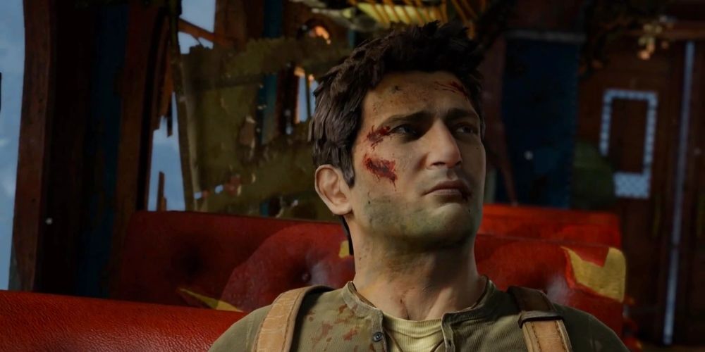 Nathan Drake awakening in peril in the opening scene to Uncharted 2: Among Thieves