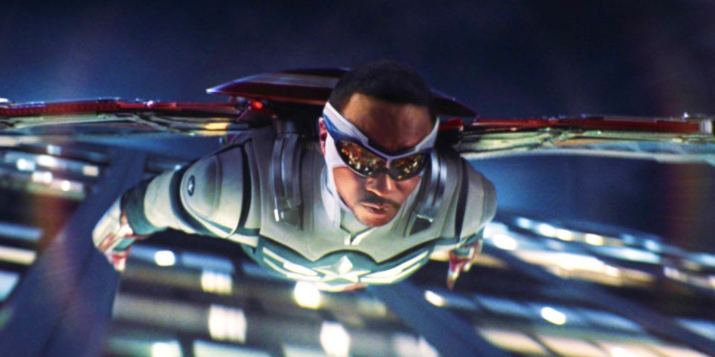 Falcon flying through the sky in Captain America suit