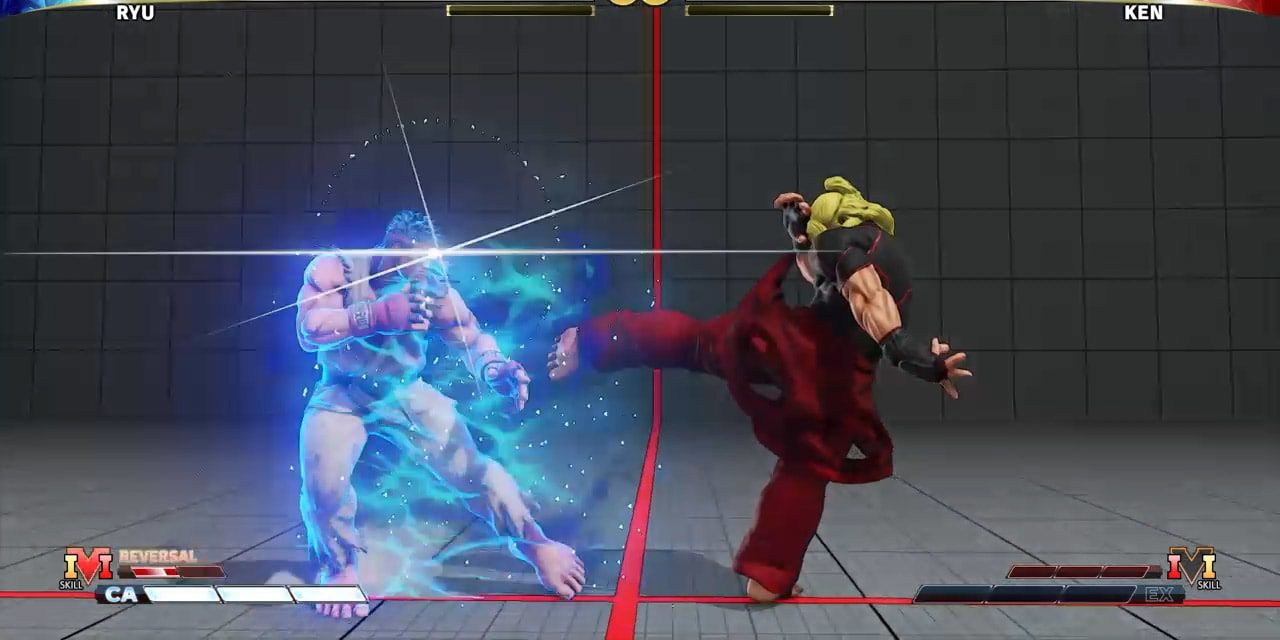 Ryu activating a perfectly timed V-Shift against Ken in Street Fighter V