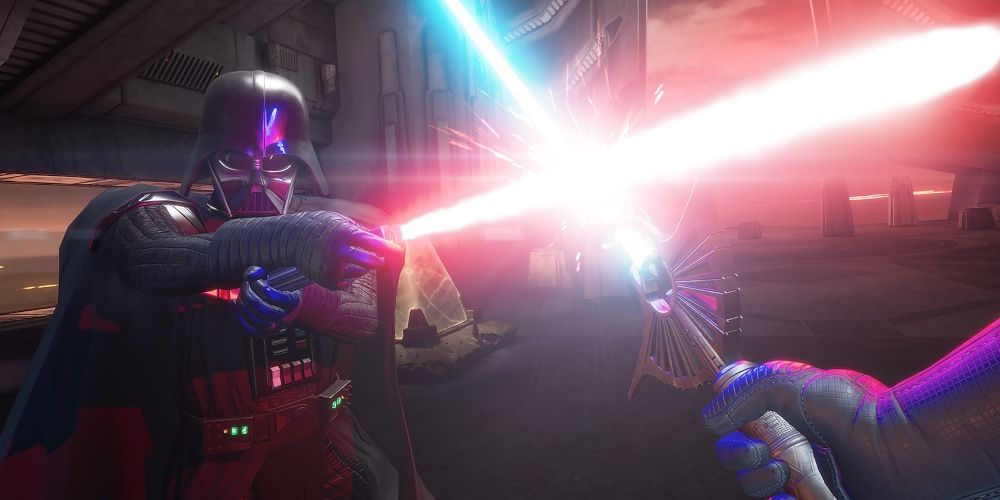 The player dueling Darth Vader in Vader Immortal VR Star Wars game
