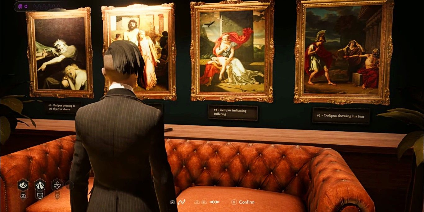 Screenshot depicting Leysha observing four paintings tied to the Tragedy of Oedipus, as seen in Vampire: The Masquerade - Swansong.
