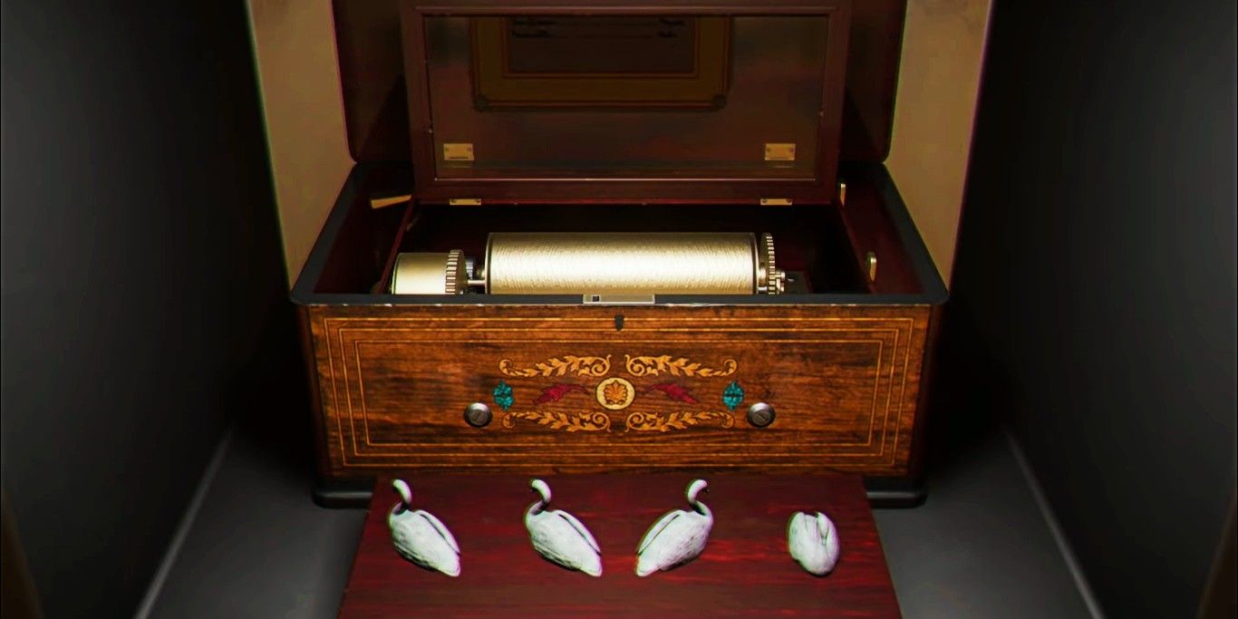 Screenshot depicting a music box in Red Salon and four swans operating its mechanism, as seen in Vampire: The Masquerade - Swansong.