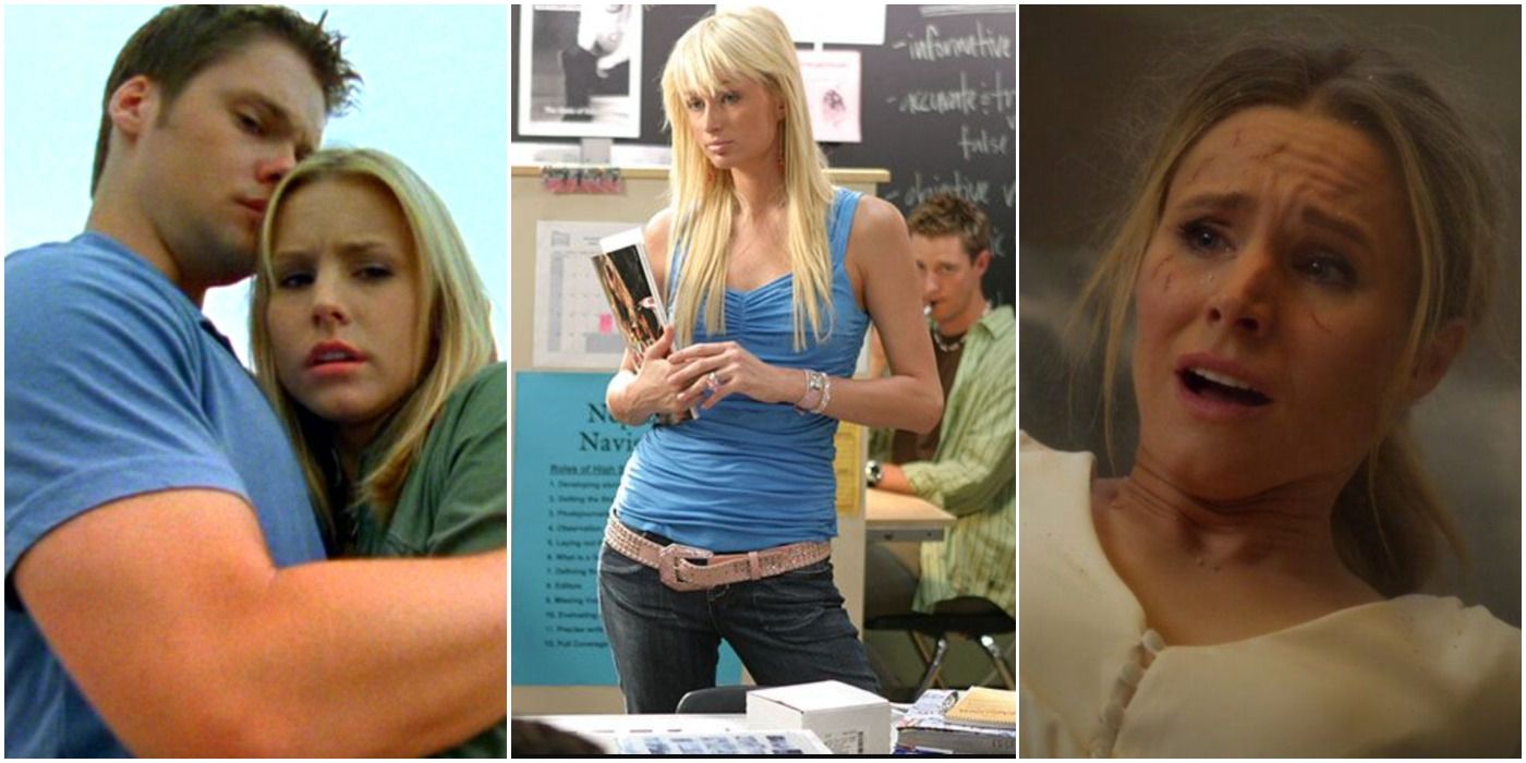 Featured image for an article about the harsh realities of rewatching Veronica Mars; a split image of scenes from Veronica Mars.