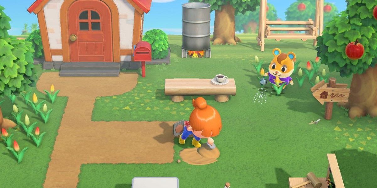 Villager creating a path in Animal Crossing: New Leaf.