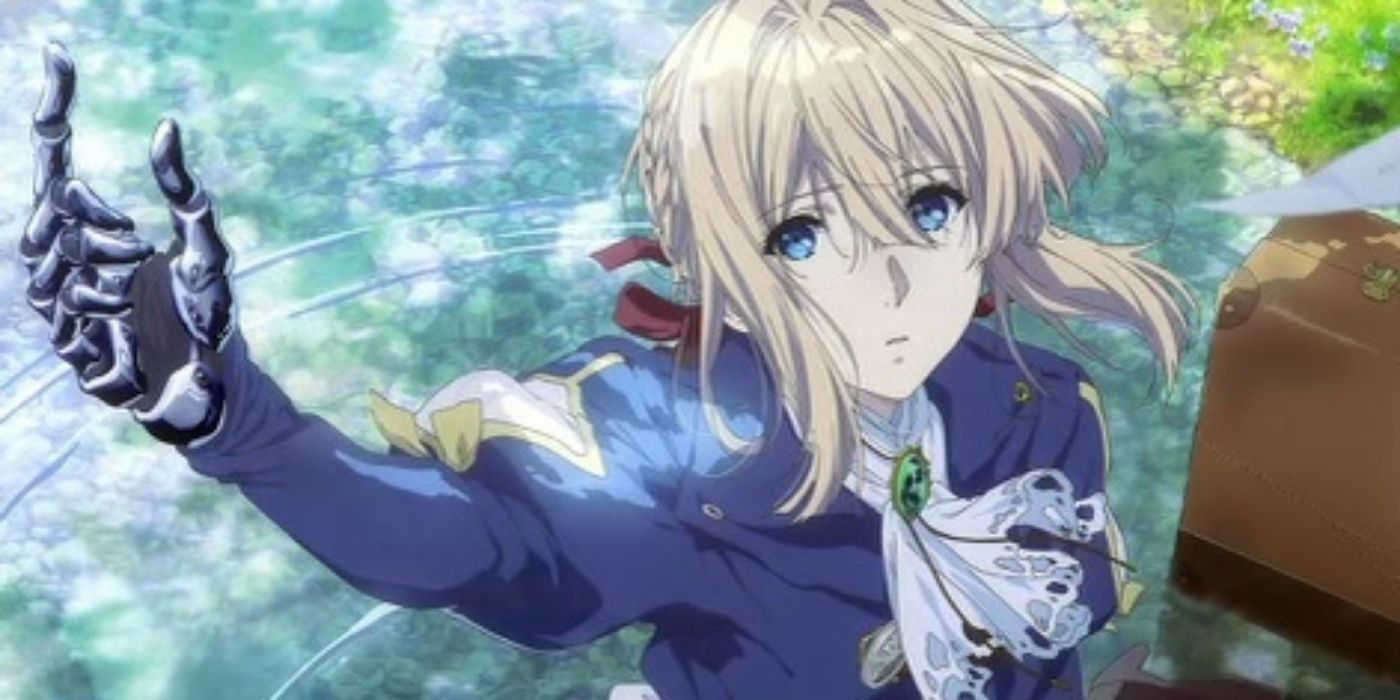 Violet Evergarden holding out her automail arm and looking up in Violet Evergarden.
