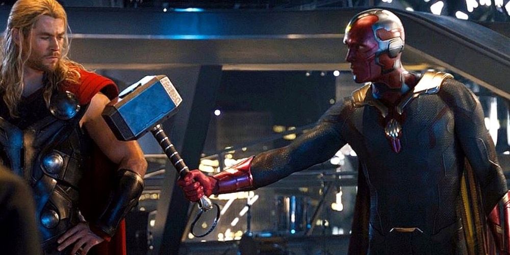 Vision lifts Thor's hammer Mjolnir in Avengers: Age of Ultron