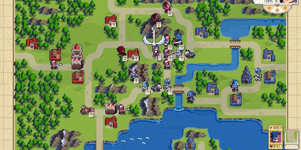 A battle between red and blue forces in Wargroove game