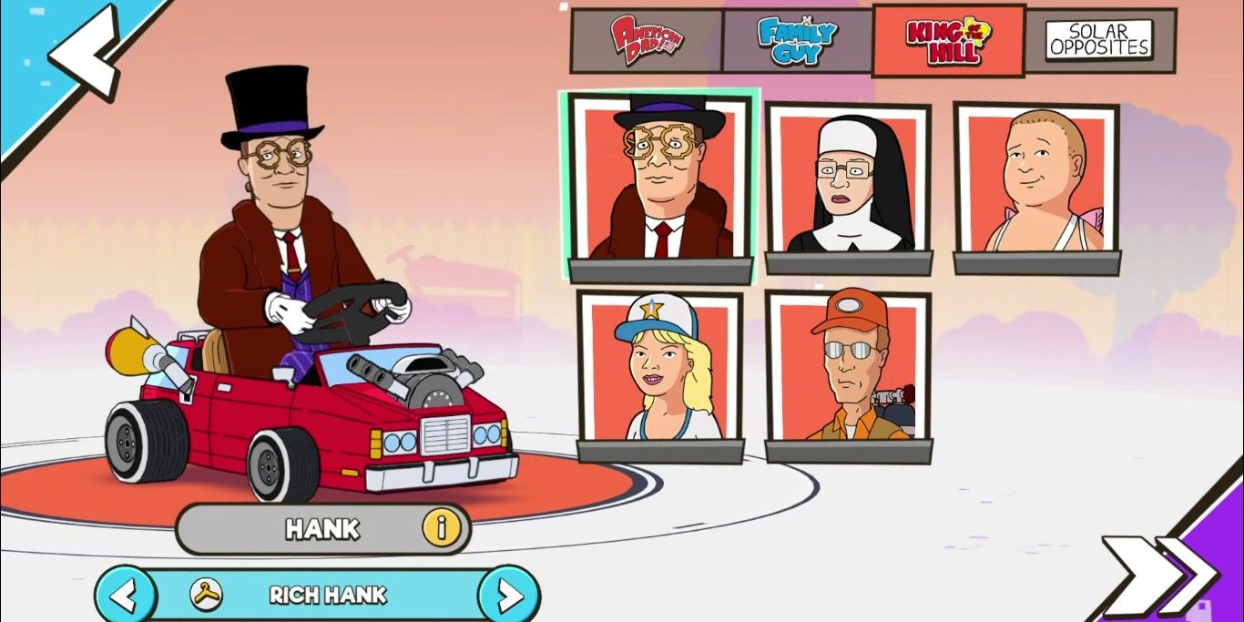 Screenshot depicting customization options for Hank Hill from King of the Hill, as seen in Warped Kart Racers.