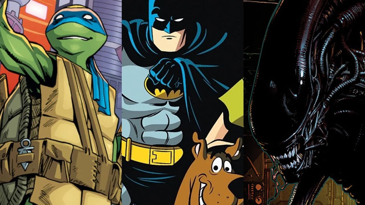 A split image of Leo from TMNT, Batman and Scooby-Doo, and a Xenomorph