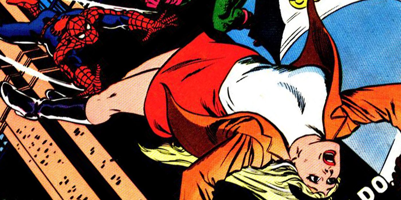 Gwen Stacy falling to her demise before Spider-Man saves her in What If