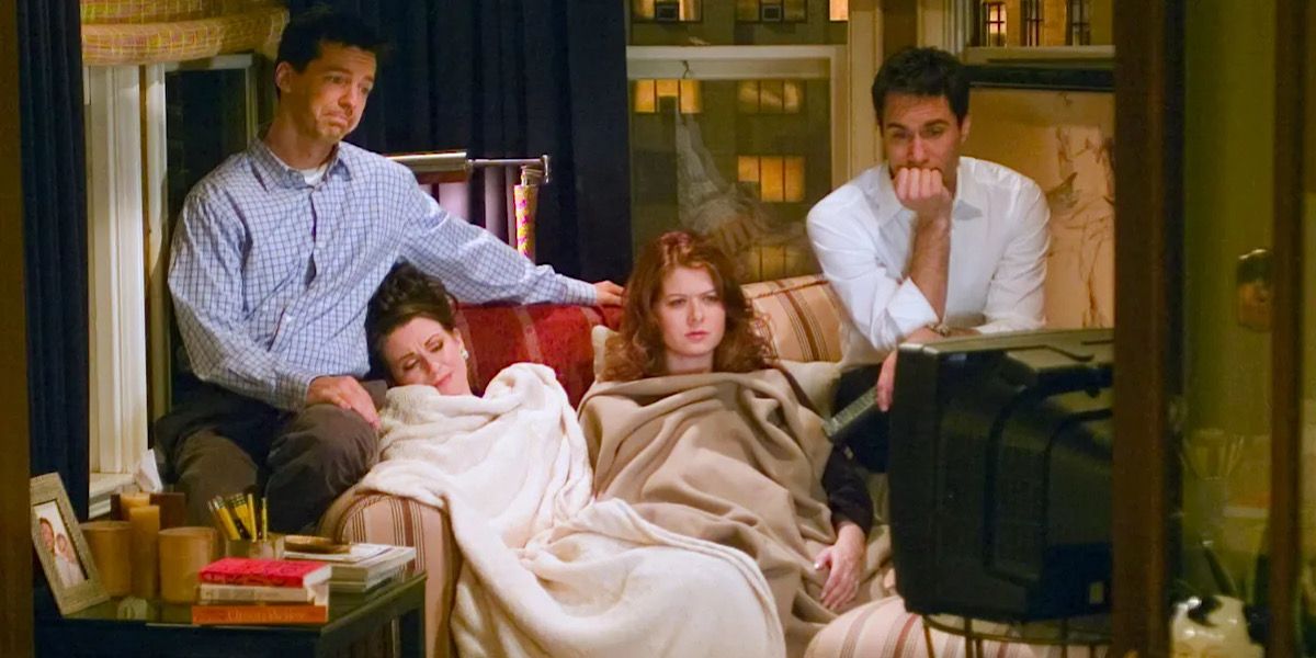 Will, Grace, Karen, and Jack sitting on the couch and watching TV in Will & Grace