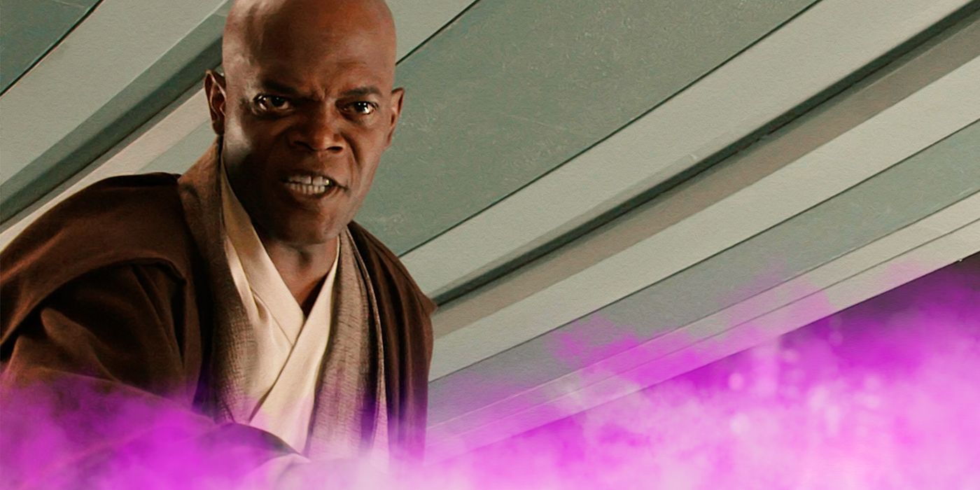 Samuel L. Jackson as Mace Windu wielding a purple lightsaber with a menacing expression