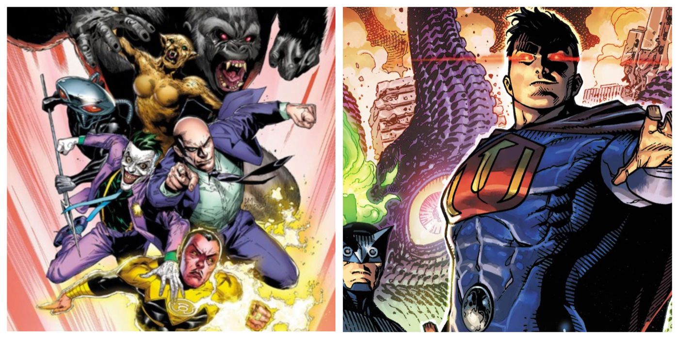 Legion of Doom with Lex Luthor, Sinestro, Joker, Cheetah, and Gorilla Grodd on the left and Crime Syndicate members Ultraman and Owlman on the right 