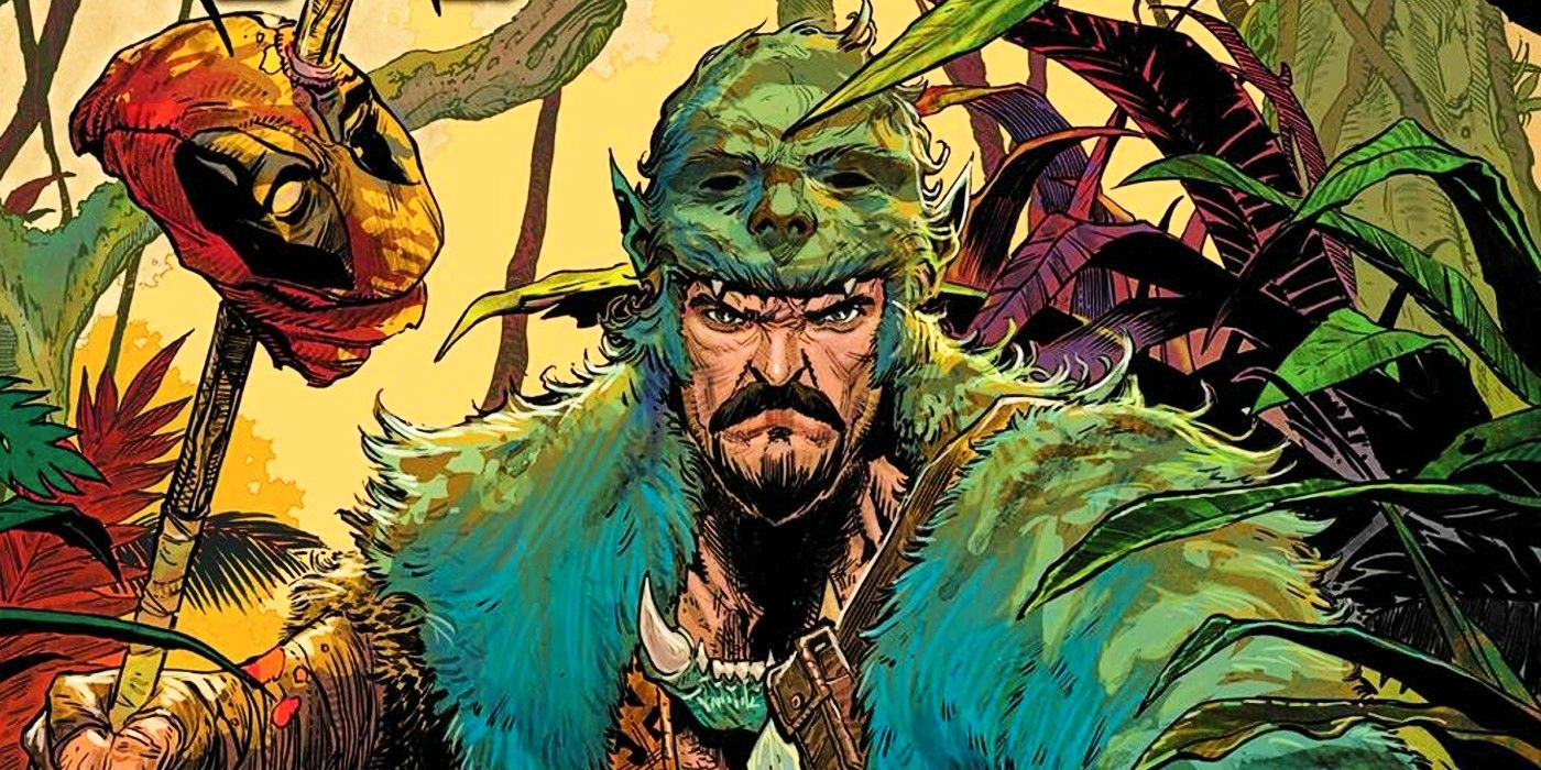 Kraven in Marvel Comics, wearing Beast's pelt with Deadpool's mask impaled on a spear.