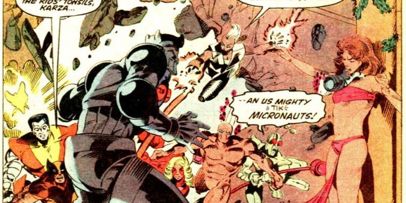 The X-Men and the Micronauts team up against the evil dictator Baron Karza in an iconic comic panel.