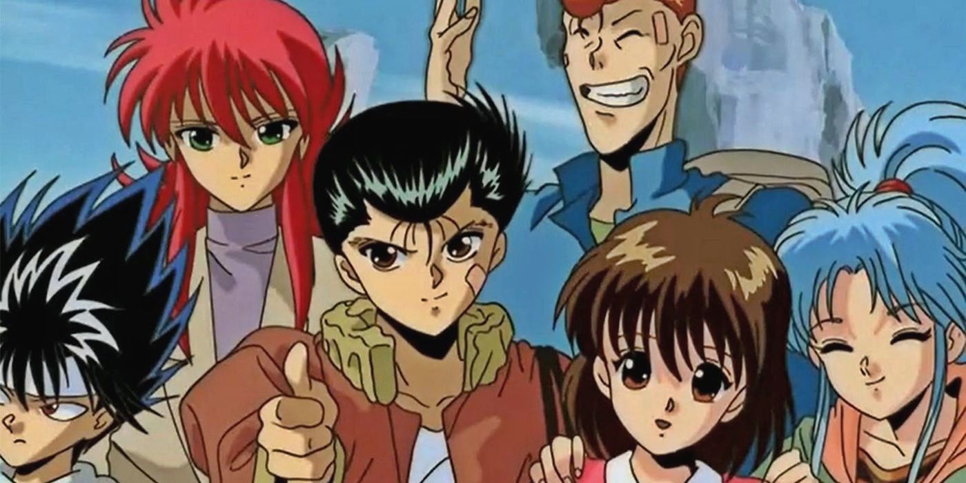 The main cast of Yu Yu Hakusho posing with a centered Yusuke giving thumbs up