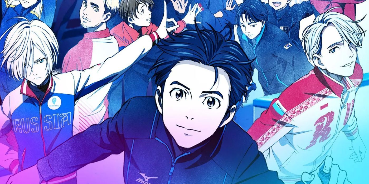 Yuri Katsuki skating with a smile on his face with other skaters from Yuri!!! On ICE behind him.