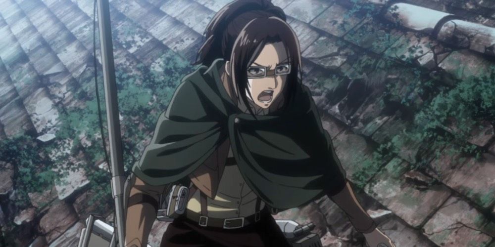 Zoe Hange on a roof during a battle in Attack On Titan anime
