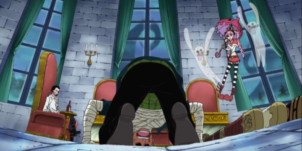 Zoro begging Mihawk with Perona looking at him in One Piece