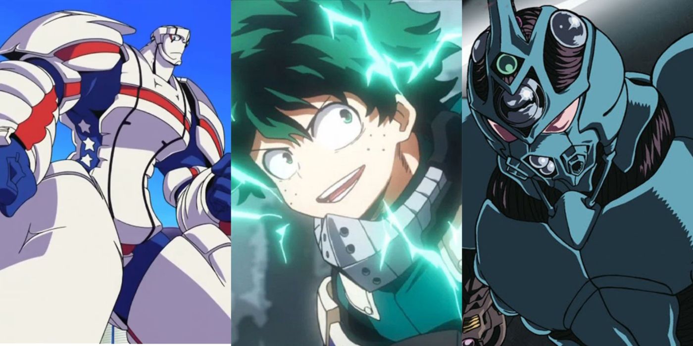 Featured image for an article about anime superheroes better than Deku; a split image depicts Heroman, Deku from My Hero Academia, and Guyver.