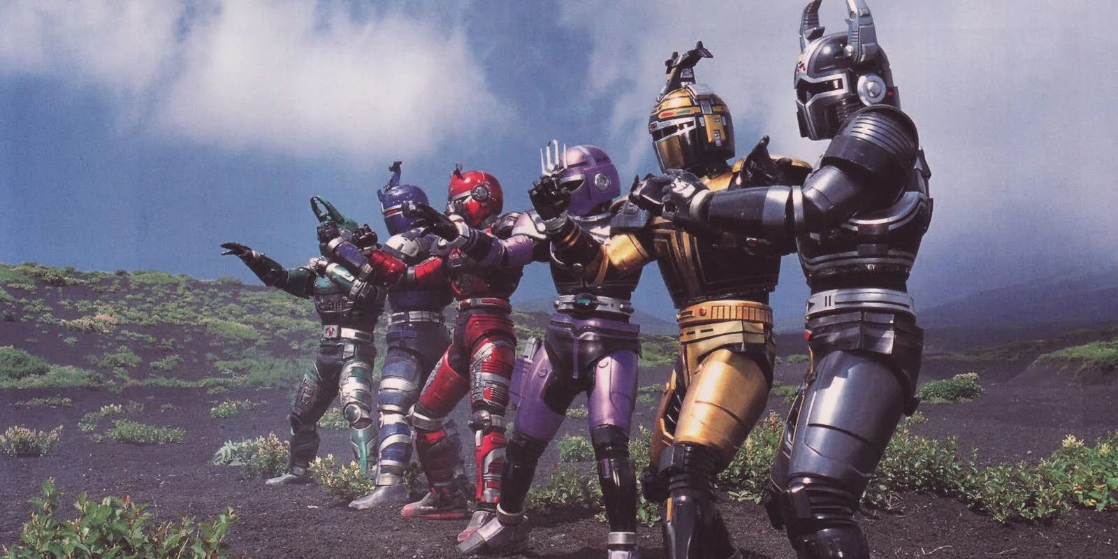 Toda a equipe Big Bad Beetleborgs posando antes da batalha