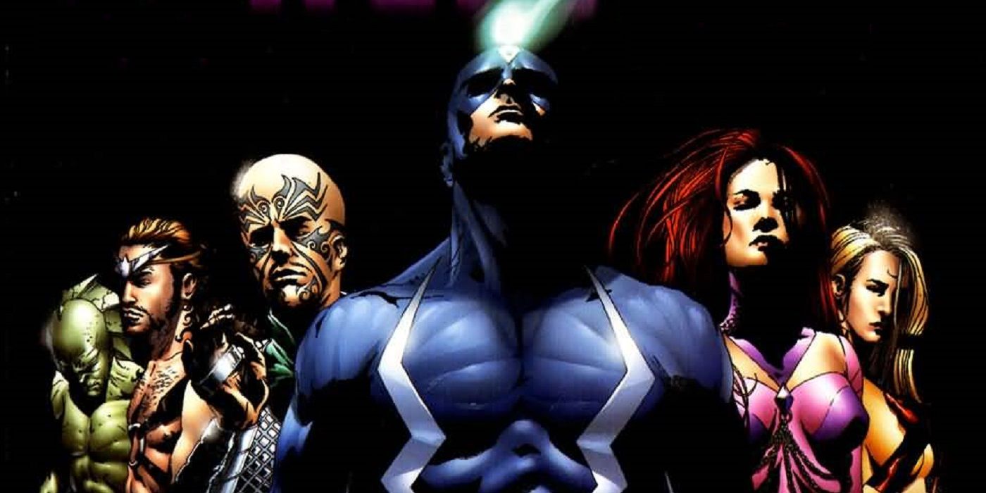 Marvel Comics' The Inhumans by Jae Lee, featuring (left to right) Triton, Gorgon, Karnak, Black Bolt, Medusa, and Crystal