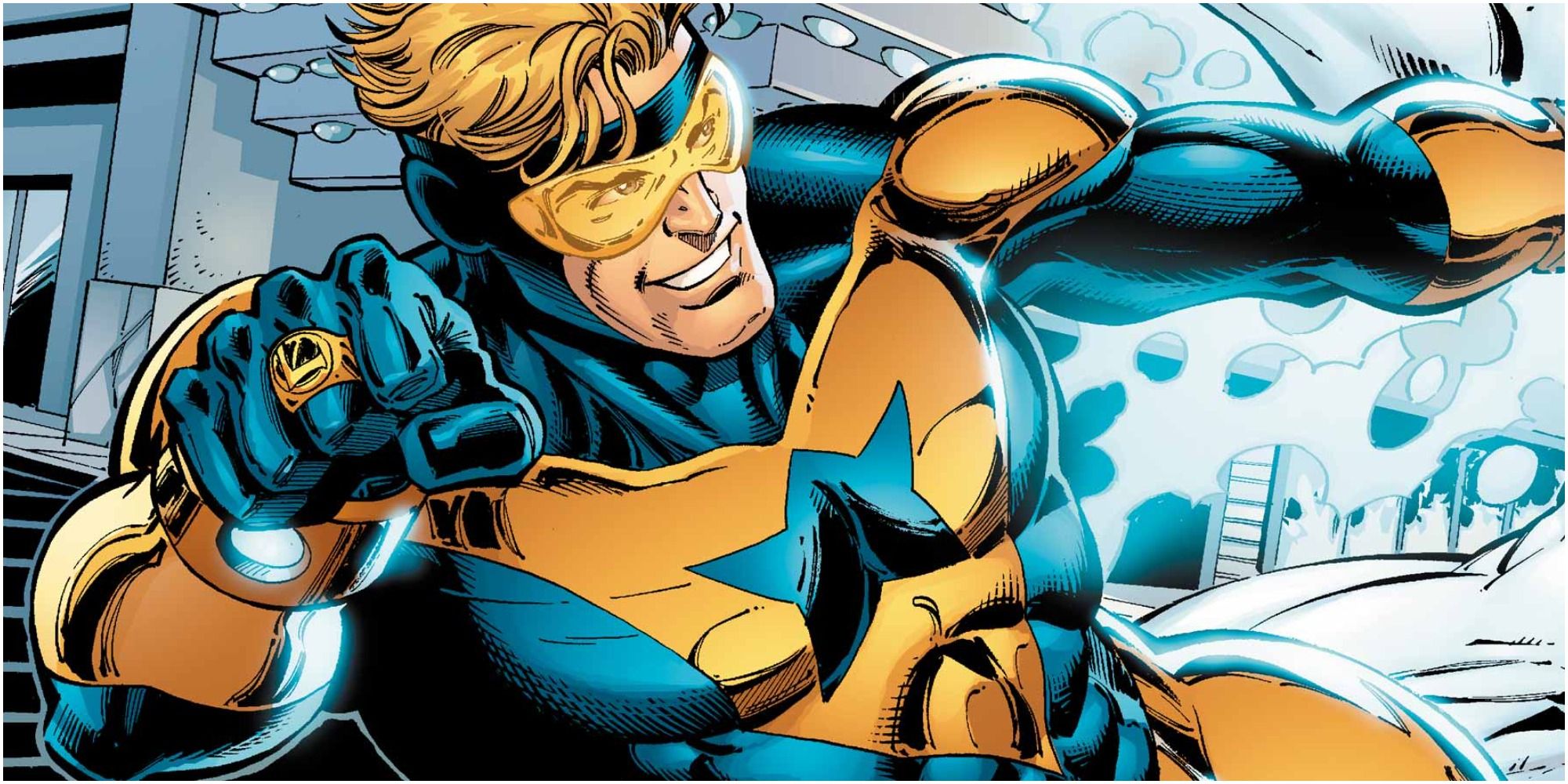 DC Comics' Booster Gold posing mid-fight.