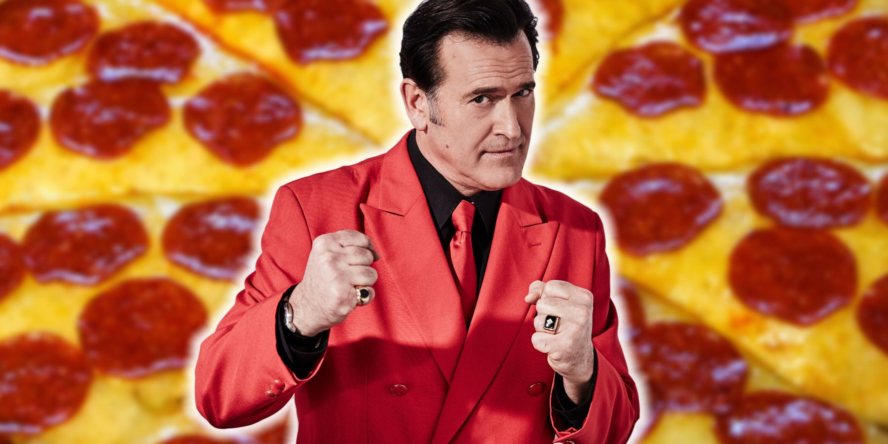 Bruce Campbell with close up pizza background