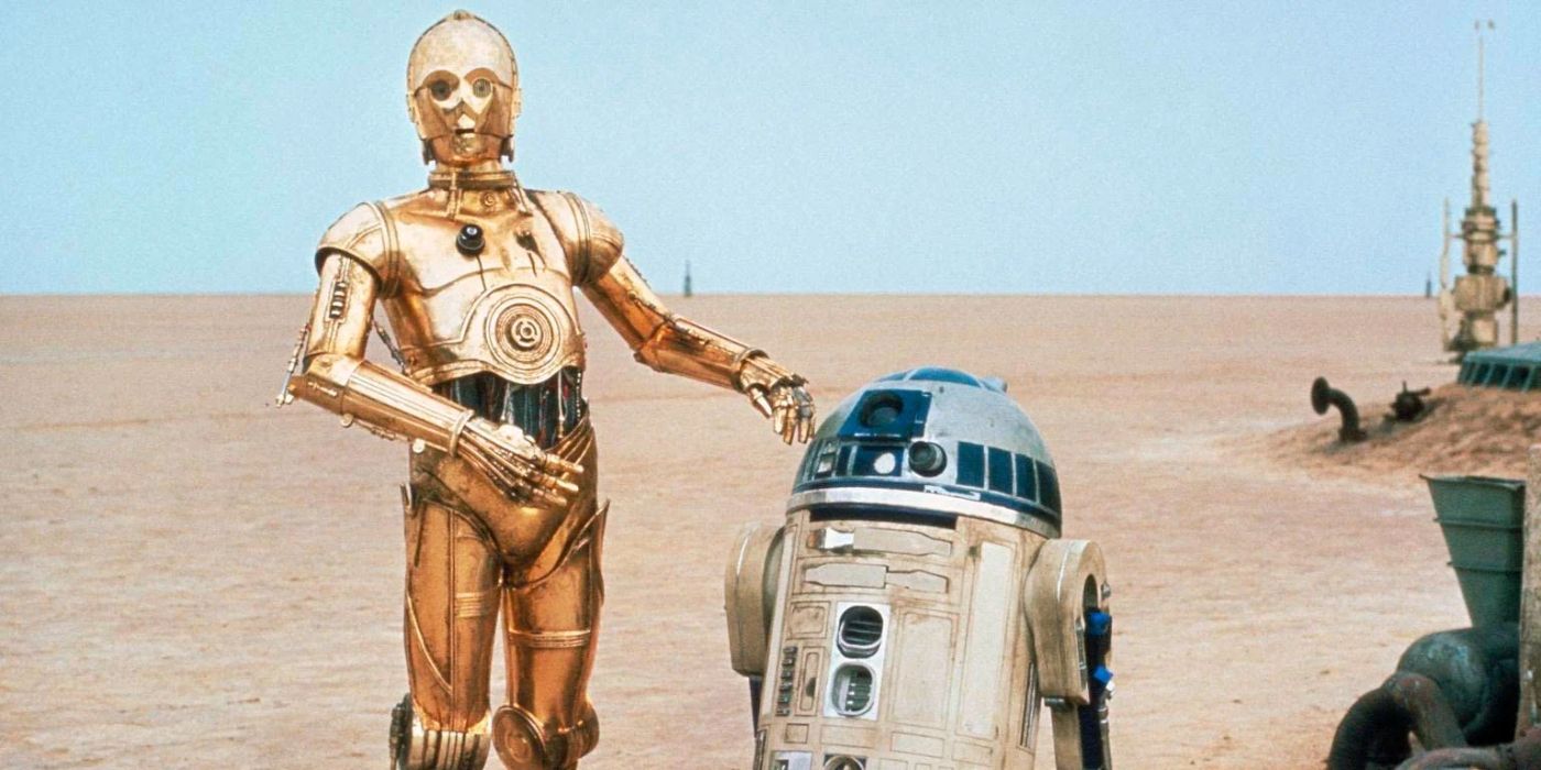 C-3PO and R2D2 in Star Wars.