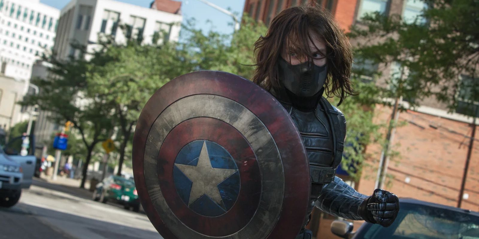 Bucky holding the shield in Captain America: The Winter Soldier.