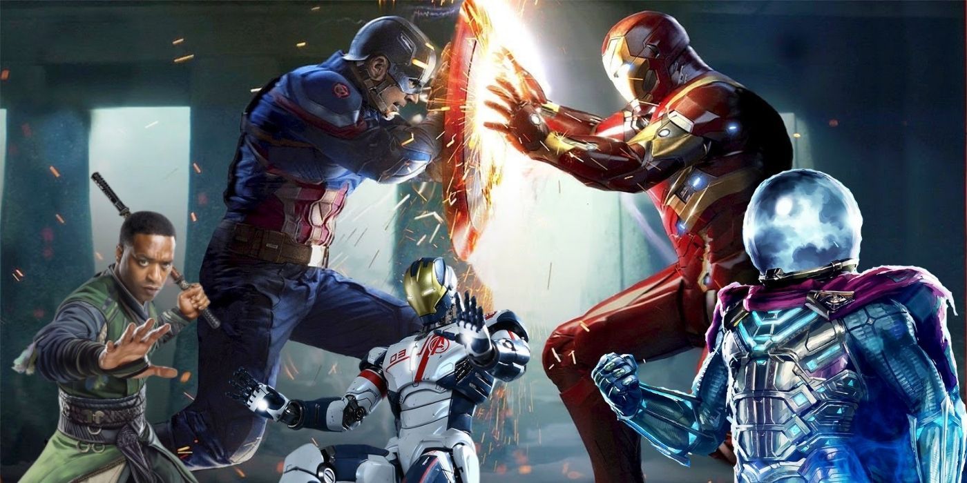 Mordo, Iron Legion, and Mysterio superimposed on a still from Captain America Civl War