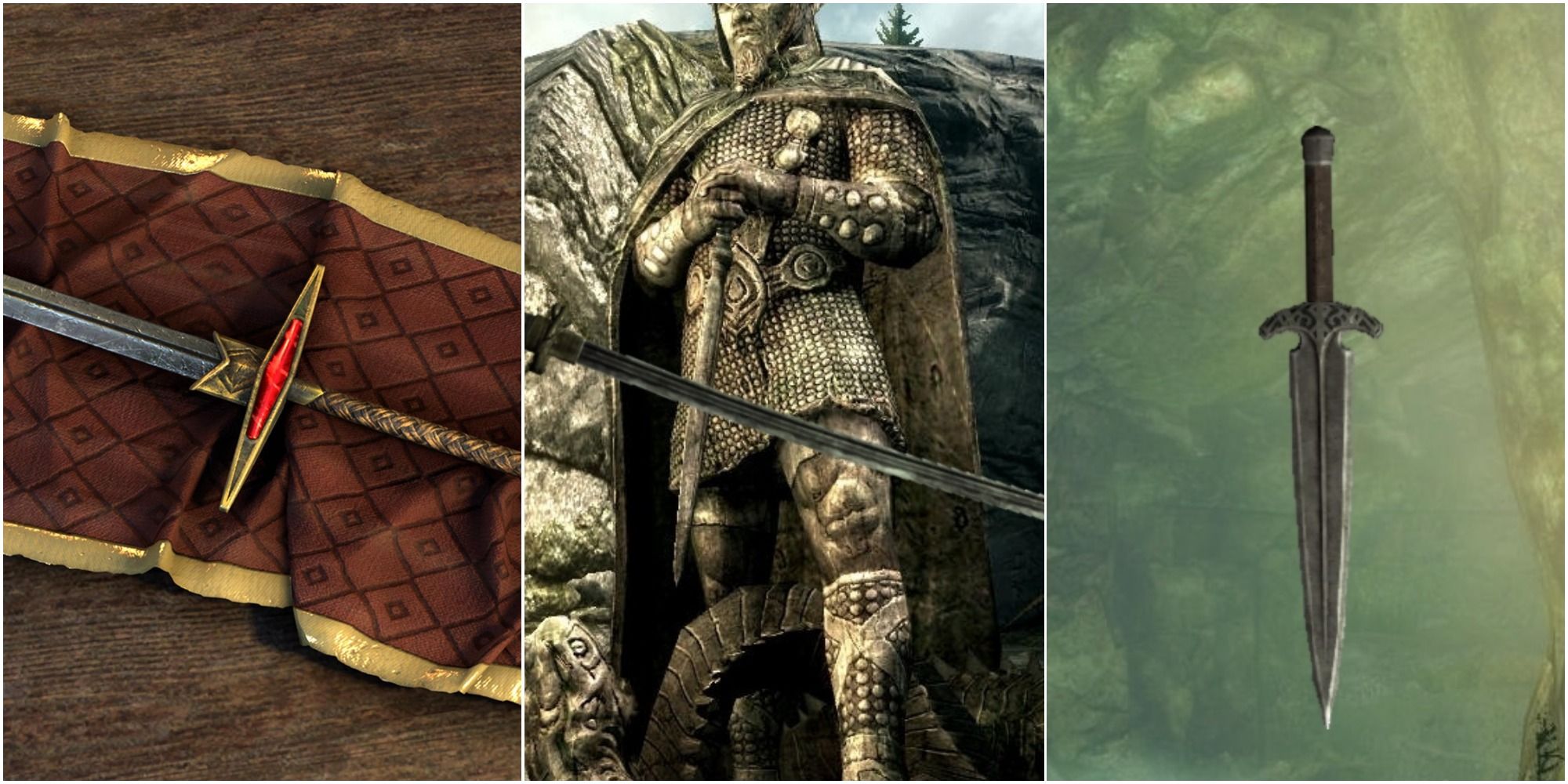 Collage of Chrysamere (ESO / Skyrim), Bolar's Oathblade (Skyrim), and Valdr's Lucky Dagger (Skyrim)