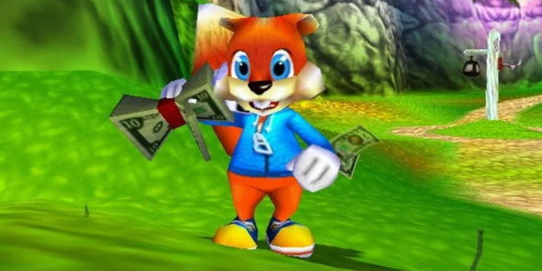 Conker with cash wads in Conker's Bad Fur Day.