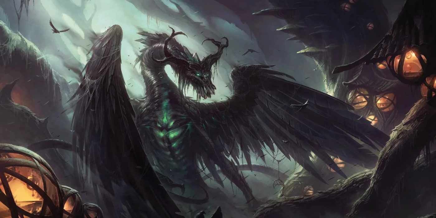 dnd beledros witherbloom from magic the gathering giant black dragon with feathered wings